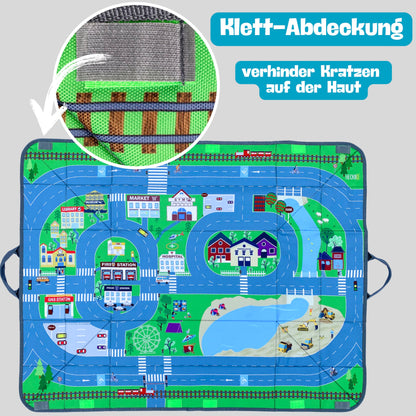 HECKBO 4-in-1 Car Organizer and Play Mat - Kids Toy Storage Box - Foldable mat with street design - Securely attaches in car, 91cm x 72cm.