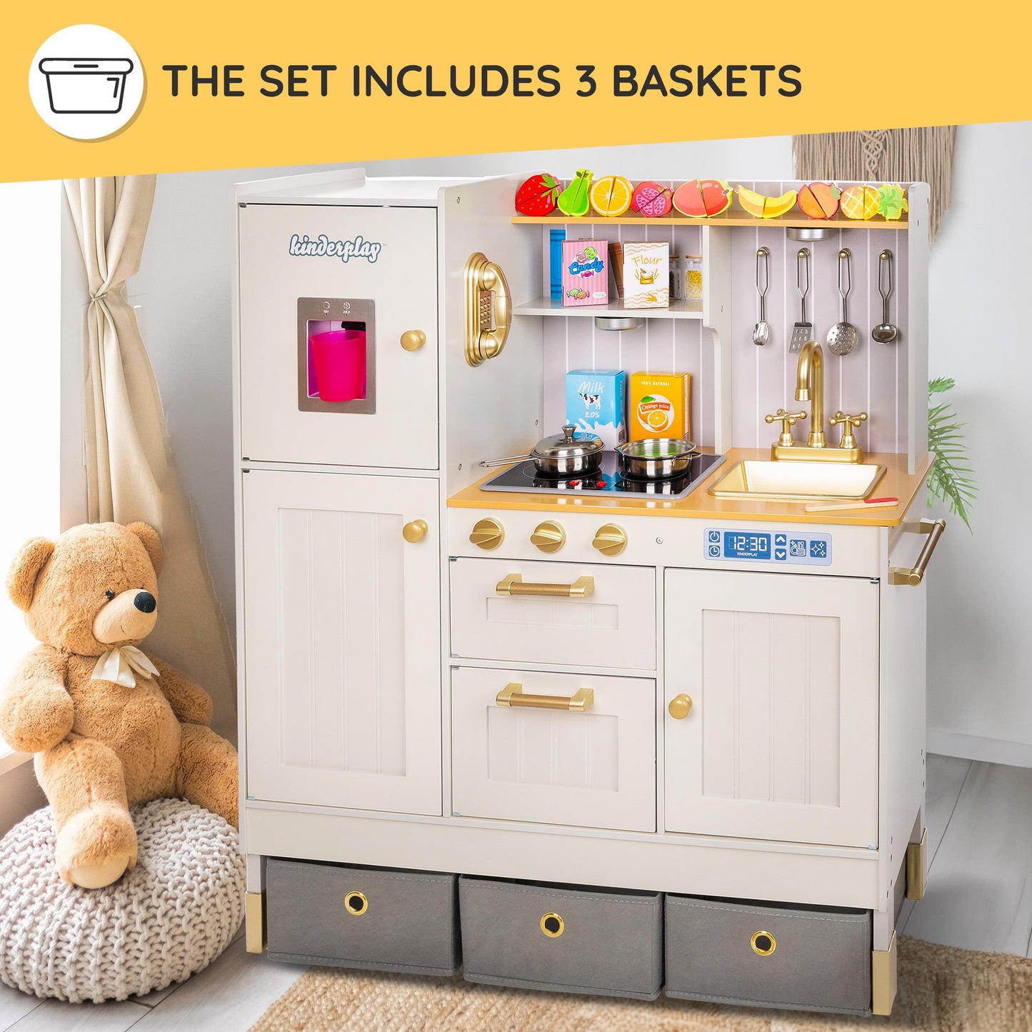 Children's Play Green Series wooden kitchen - Adjustable height play kitchen 89-103 cm - LED light & cooking sounds - With accessories, water dispenser, oven - For children aged 3 years and above