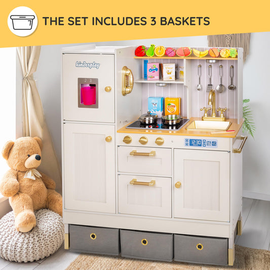 Children's Play Green Series wooden kitchen - Adjustable height play kitchen 89-103 cm - LED light & cooking sounds - With accessories, water dispenser, oven - For children aged 3 years and above
