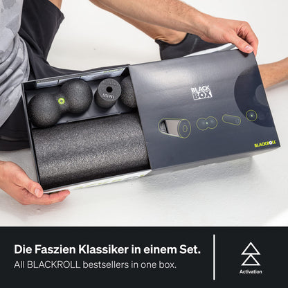 BLACKROLL® BLACKBOX fascia rollers for self-massage: Set includes STANDARD and MINI fascia rollers, BALL 08 fascia ball, and DUOBALL 08 for effective training. Made in Germany.