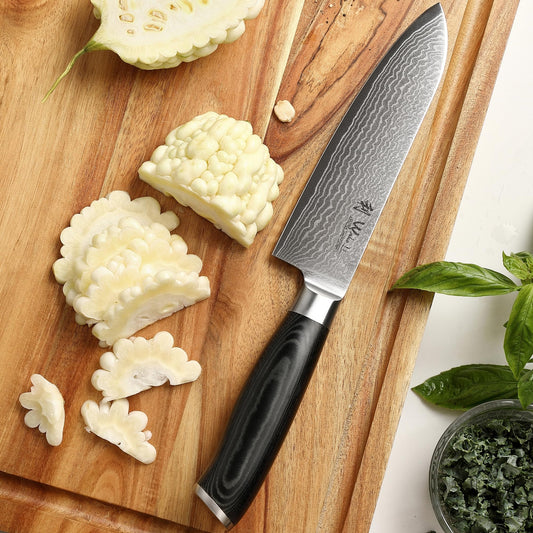 Wakoli Mikata Damascus knife Santoku 17 cm blade I made of 67 layers I Damascus kitchen knife and professional chef's knife made of real Damascus steel with Micarta handle