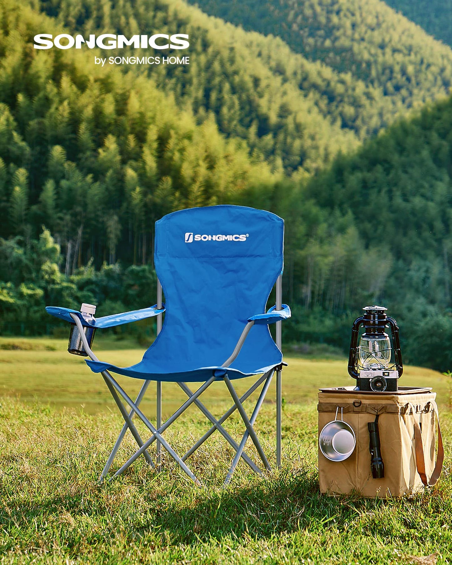 SONGMICS 2-Pack Camping Chairs, Foldable Outdoor Chairs, Fishing Chairs, High Backrest, Armrests, Cup Holder, Supports up to 150 kg, Portable for Camping, Garden, Patio, Blue GCB08BU