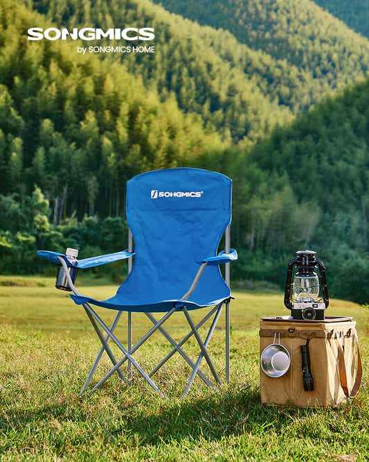 SONGMICS 2-Pack Camping Chairs, Foldable Outdoor Chairs, Fishing Chairs, High Backrest, Armrests, Cup Holder, Supports up to 150 kg, Portable for Camping, Garden, Patio, Blue GCB08BU