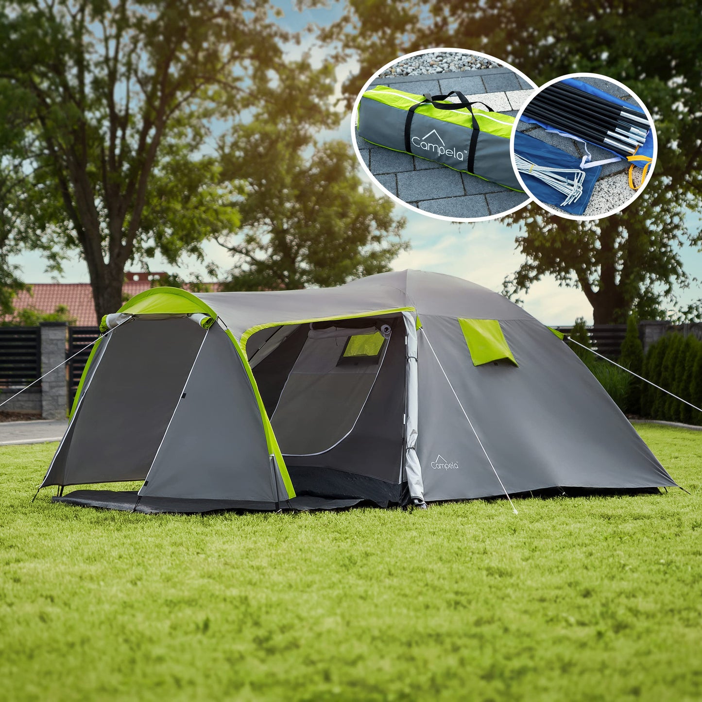 Campela 3 4 person tent waterproof 3000mm with vestibule & mosquito net - camping tent family tent for outdoor, festival, hiking, vacation - quick setup tunnel tent with ventilation