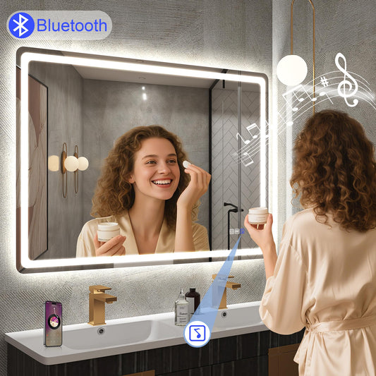 STARLEAD LED Bathroom Mirror 100x70cm, with lighting and defogging functions. Bluetooth-enabled, dimmable, with 3 color temperatures and memory function. IP44 toughened glass mirror for bathrooms, can be mounted horizontally or vertically.