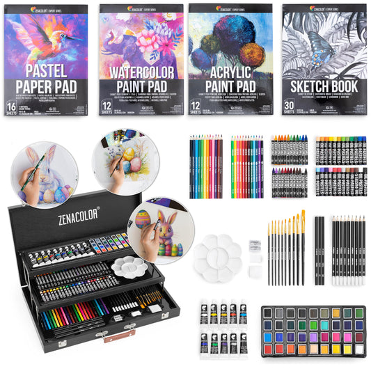 Zenacolor art set for adults (XXL) - 150-piece wooden case painting kit for artists - complete drawing and painting set - pastel chalk, acrylic paints, wax crayons, watercolor paints, pencils - 4 blocks