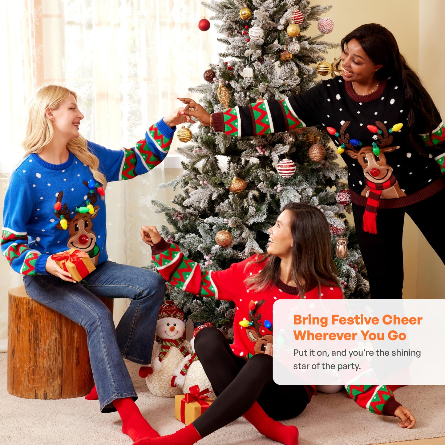 JOYIN Women's LED Light-Up Reindeer Ugly Christmas Sweater with Built-In Lights, Large.