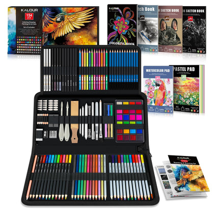 KALOUR 154-piece art supplies set - sketching and drawing set with sketchbook, tutorial book, drawing paper - graphite, colored, charcoal, watercolor, and metallic pencils - drawing tools for artists and.