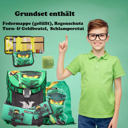 Familando Ninjago school bag set for boys - with sports bag, lunch box, and bottle - ergonomically stable, light at 790g, 16L volume - chest strap, reflectors, rain cover - complete set for 1st grade elementary school.