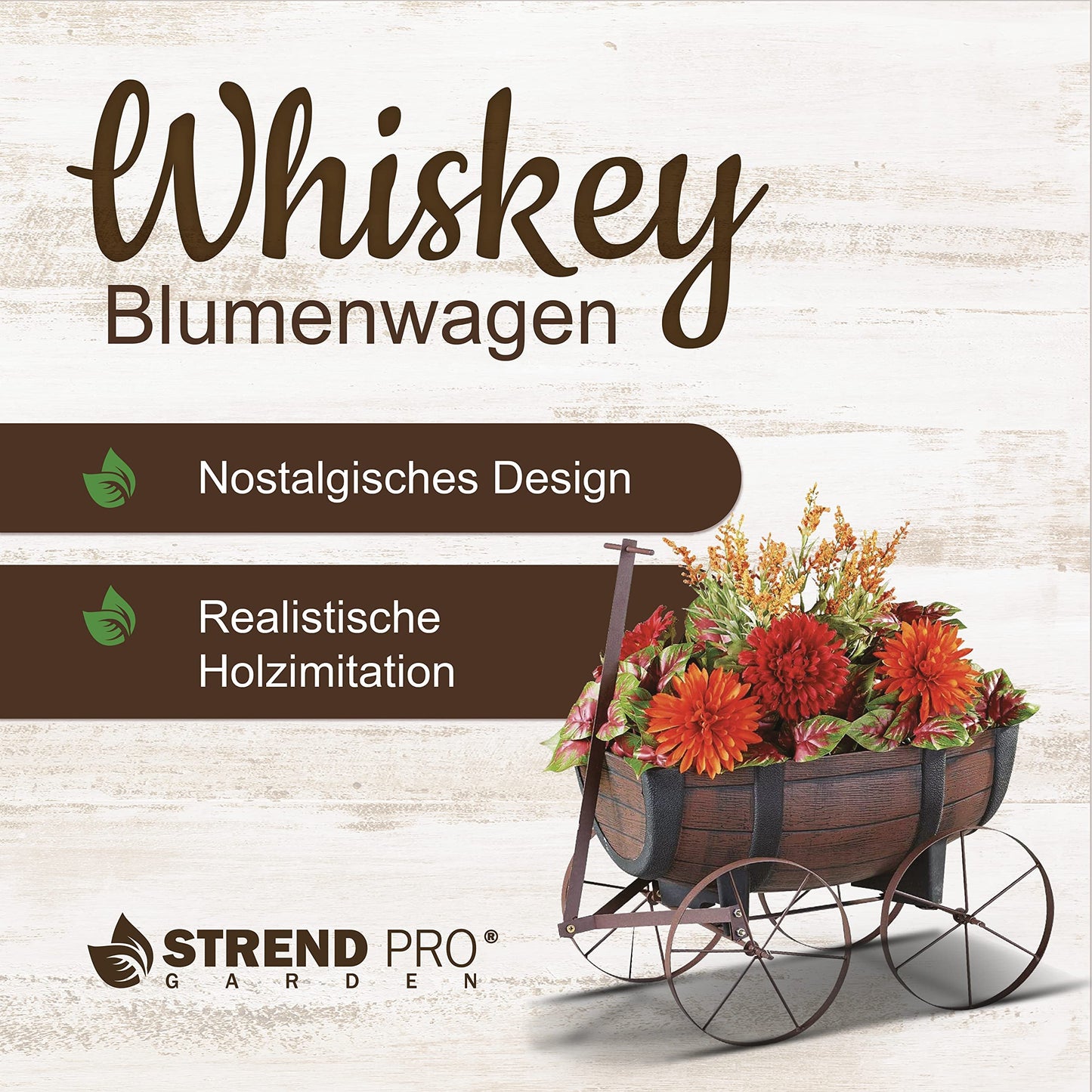 STREND PRO Floral Cart Whiskey Barrel - Plant cart on wheels, garden decoration flower pot barrel - realistic wooden look flower pot - flower pot plant wheelbarrow - wooden handcart, wooden wagon