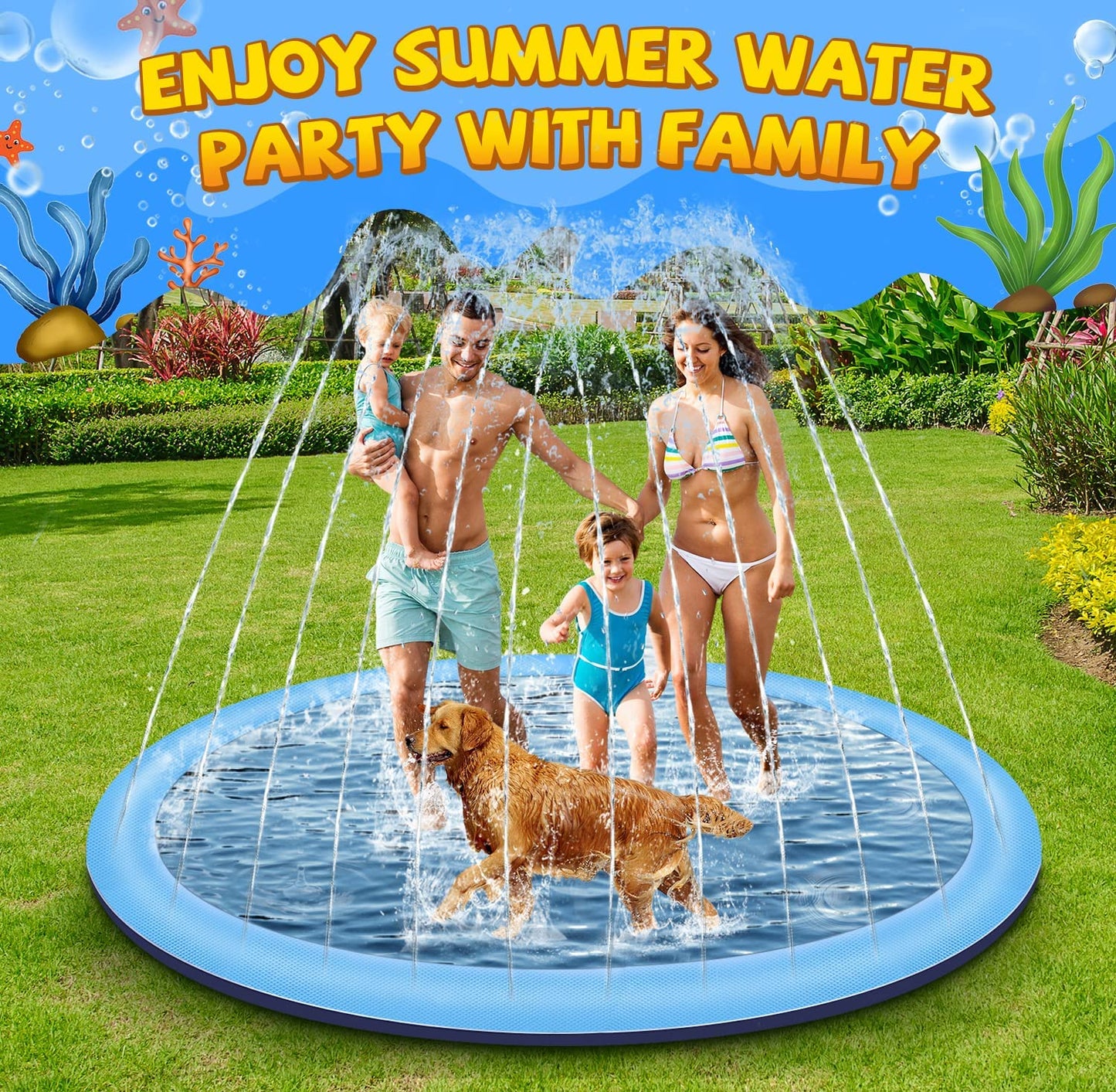 Tosekry Water Toys Kids Outdoor Games, 170CM Water Sprinkler Kids Splash Pad, Garden Toy Kids Sprinkler and Dog Pool with Anti-Slip Function (blue-170cm)