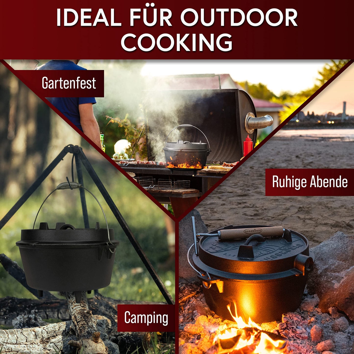 GUSSKÖNIG Dutch Oven Set - Seasoned 6 Liter Dutch Oven - Cast Iron Fire Pot with Feet - Dual Function Dutch Oven - including 2in1 Lid Lifter, Dutch Oven Recipe Book [for 2-4 people]