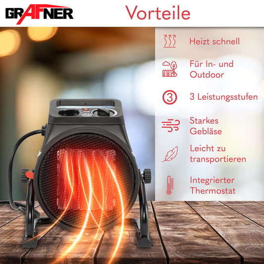 Grafner Ceramic Heater with 2000 Watt 2KW, 3 heat settings, automatic thermostat, powerful turbo heater, PTC element, overheat protection, construction site heater electric, electric heating, tent heater.