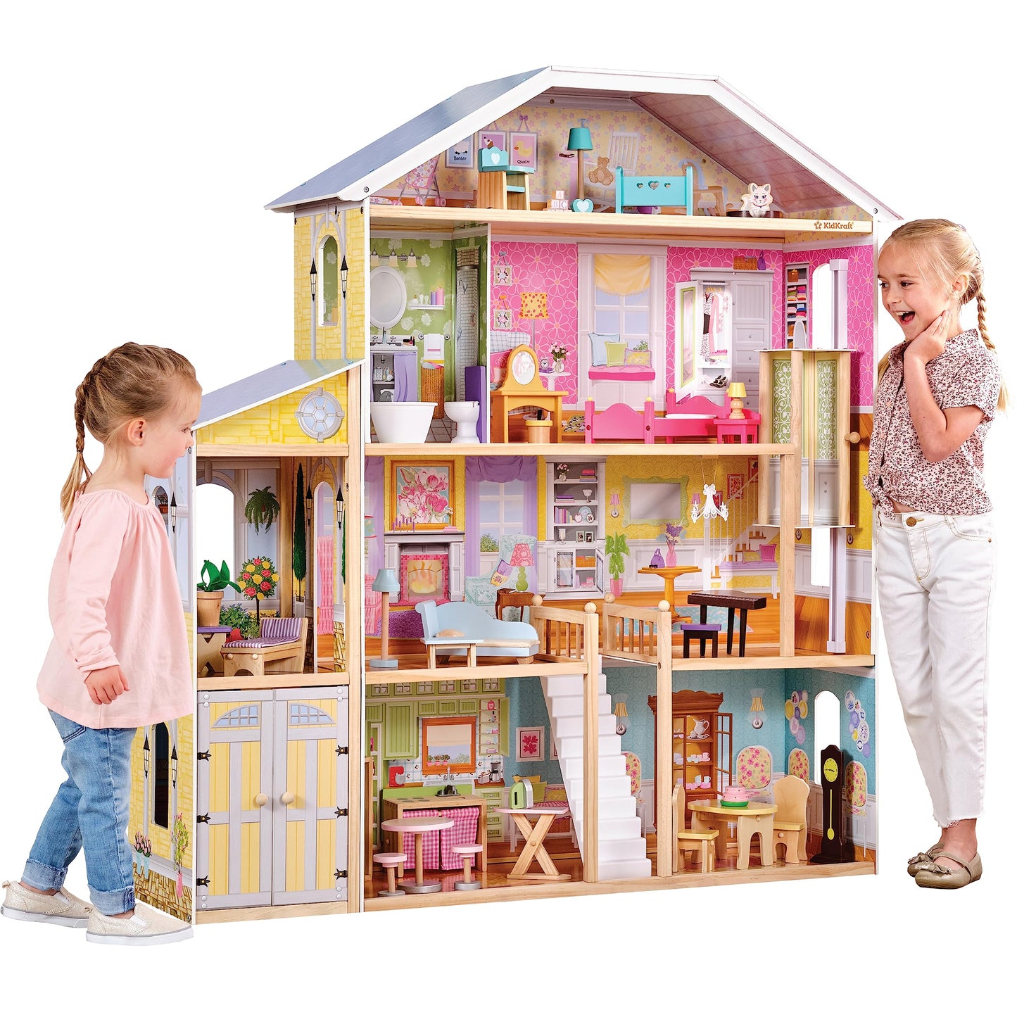 KidKraft Majestic Mansion wooden dollhouse with furniture and accessories, includes garage and elevator for 12" dolls, toy for children 3+, 65252 - Exclusive to Amazon