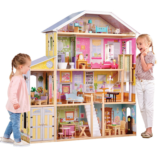 KidKraft Majestic Mansion wooden dollhouse with furniture and accessories, includes garage and elevator for 12" dolls, toy for children 3+, 65252 - Exclusive to Amazon