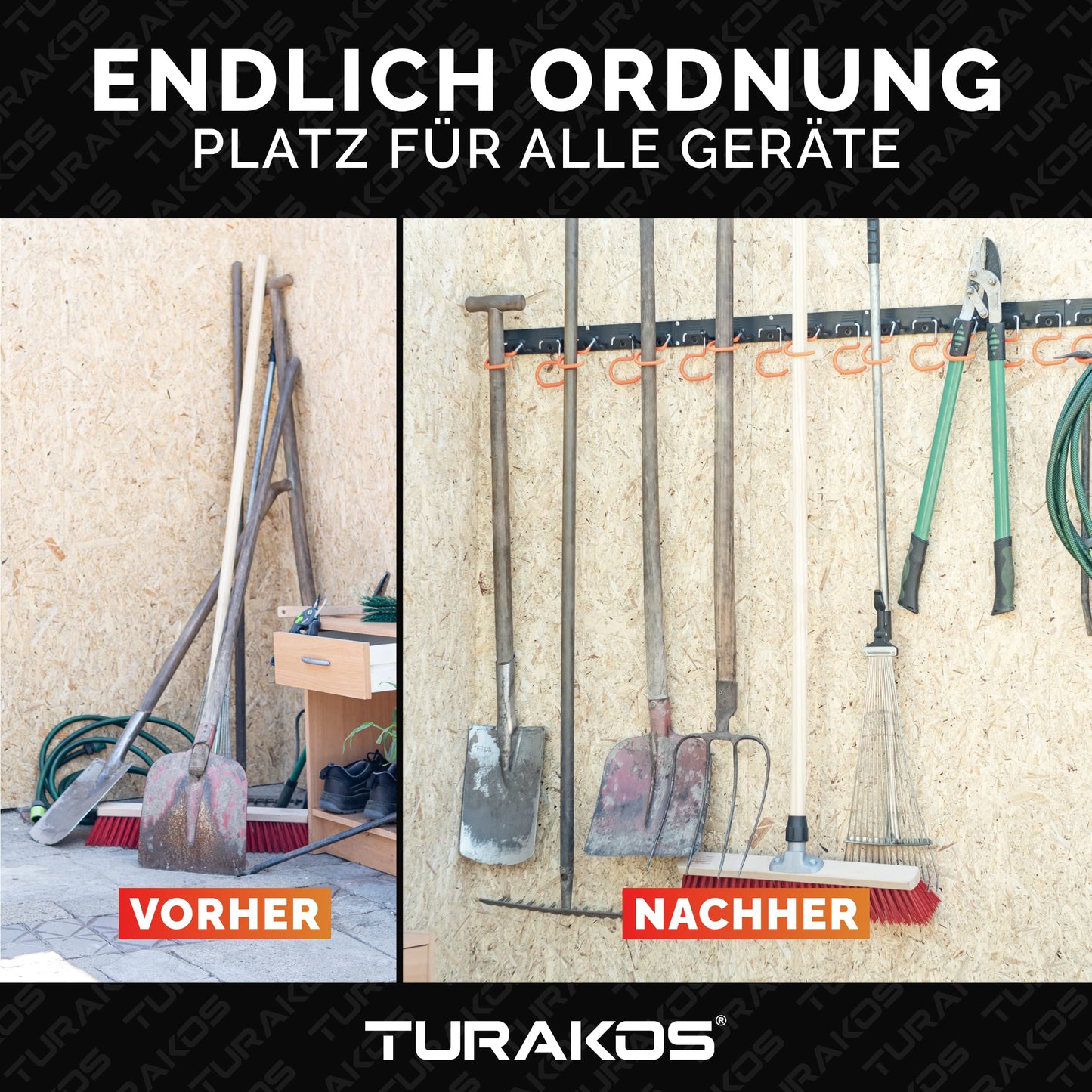 TURAKOS garden tool holder - 4x 40cm tool holder wall mount with anti-slip rubber coating, garden tool hanging for garage, tool shed, basement