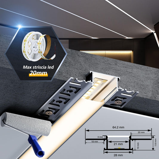 10x LED drywall profile 2M for 20mm LED strips - Aluminum flush-mounted profile for drywall, compatible with Philips Hue & Groove, ceiling wall indirect lighting (LED Drywall Profile -2M, 10)