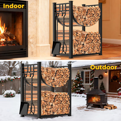 Amagabeli Firewood Rack with 4 Fireplace Tools 80cmx40cmx30cm for Indoor Outdoor Log Holder with High Firewood Rack Fireplace Wood Storage Stacking with Wrought Iron Tools Black