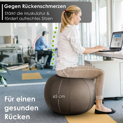 jolie-balluu sitting ball office ergonomic high-quality fabric [sustainability certificate] 65cm including pump, healthy alternative to chair, ergonomic office chair, exercise ball with cover (Taupe)