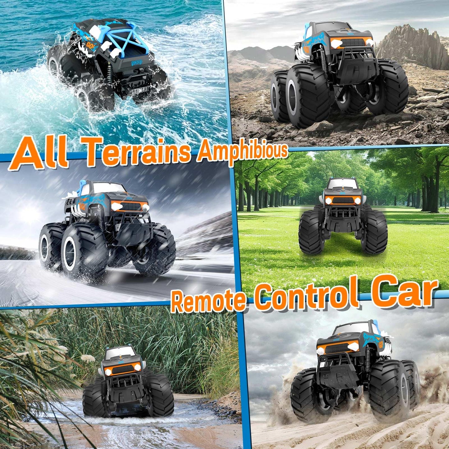 Gindoly Remote Control Car, 2.4 GHz Remote Control Monster Truck, 4WD 15+ km/h Hobby Offroad RC Car, Waterproof Terrain Vehicle with 2 Batteries, Toy for Kids aged 6-12 years.