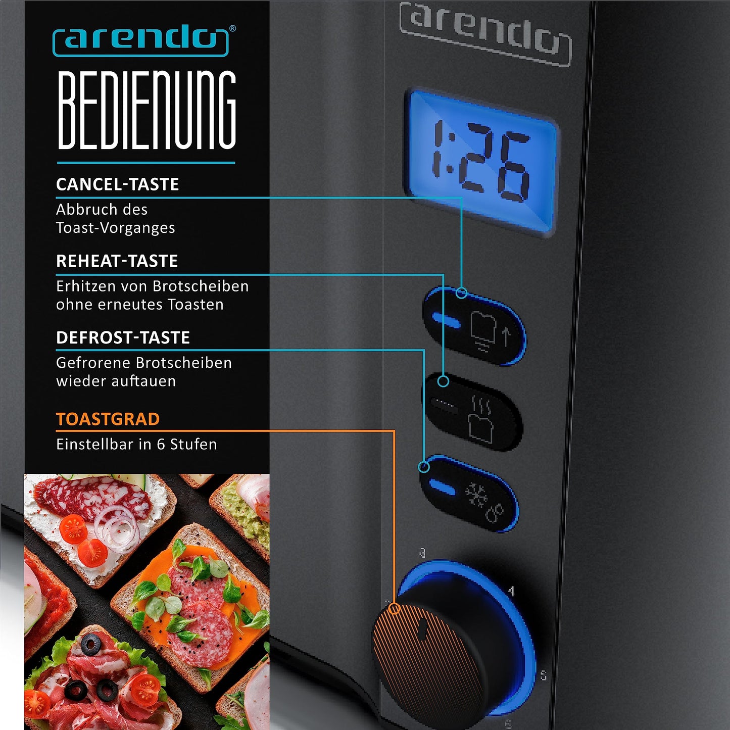 Arendo - Stainless Steel Long Slot 4-Slice Toaster - Double-wall housing - Integrated bun holder - Browning levels 1-6 - Bread centering - automatic shutdown - Display with remaining time display