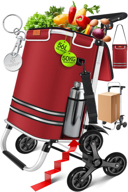 KESSER® Shopping Trolley Stair Climber with Cooler Compartment, foldable with 56L capacity and loadable up to 50kg | 3in1 trolley hand truck & shoulder bag | Foldable shopping cart including shopping chip, Bordeaux