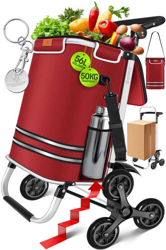 KESSER® Shopping Trolley Stair Climber with Cooler Compartment, foldable with 56L capacity and loadable up to 50kg | 3in1 trolley hand truck & shoulder bag | Foldable shopping cart including shopping chip, Bordeaux