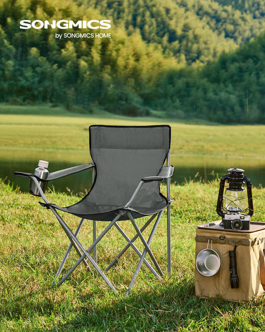 SONGMICS Camping Chair, Set of 2, Folding Chair for Outdoor, Fishing Chair with Armrests, Cup Holder, Portable, Foldable, Holds up to 120 kg, Camping, Garden, Beach, Patio, Slate Gray GCB001G11