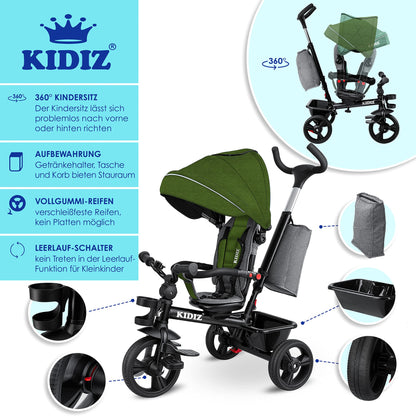 KIDIZ® 6in1 tricycle for kids with handlebar, suitable from 9 months up to 25kg. Jogger with forward & reverse drive, basket, bag, cup holder, sun canopy, rubber wheels. Foldable in khaki color.