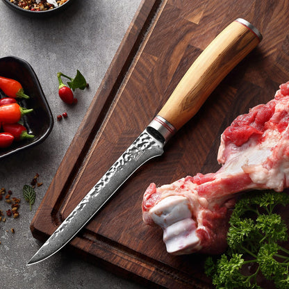 Zayiko Minami Olive Damascus Fillet Knife 6.5" Blade | 67-layer Damascus steel with hammered finish | Professional kitchen knife with flexible olive wood handle for precise filleting.