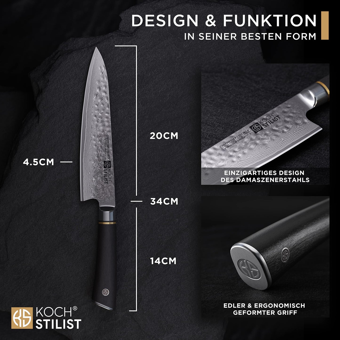 COOKINGSTYLEIST® -NEW- Premium Damascus Knife 20 cm [+ incl. Gift Box] Genuine Damascus steel with 67 layers & VG-10 core for best cutting performance - Chef's knife with elegant wooden handle