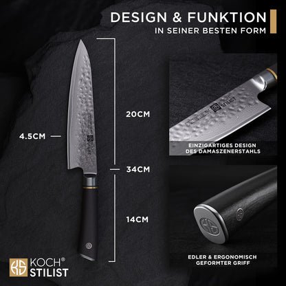 COOKINGSTYLEIST® -NEW- Premium Damascus Knife 20 cm [+ incl. Gift Box] Genuine Damascus steel with 67 layers & VG-10 core for best cutting performance - Chef's knife with elegant wooden handle