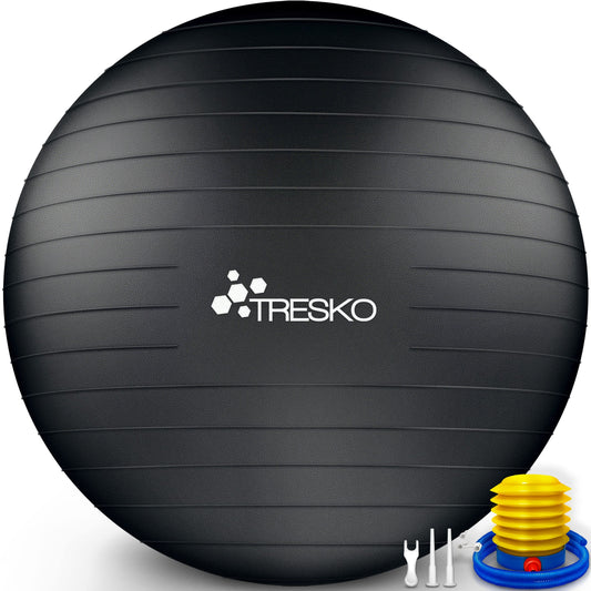 TRESKO Exercise Ball with FREE workout poster and pump - Yoga Ball BPA-Free | Office Chair Ball | Anti-Burst | 300 kg, Black, 85cm (for body height over 185cm)