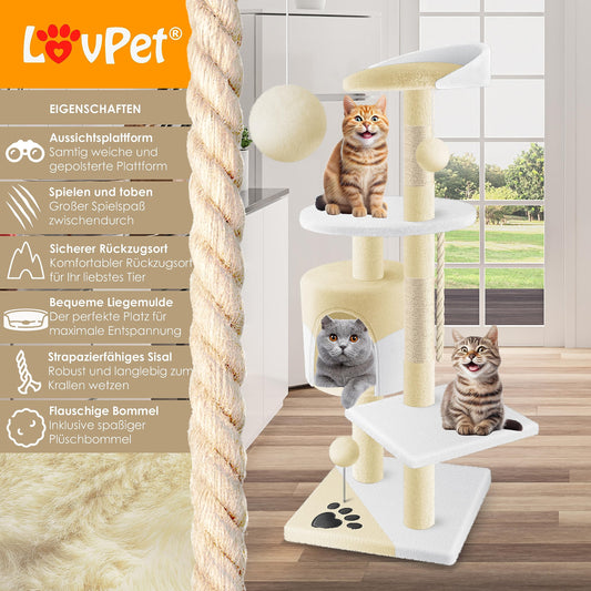LOVPET® Cat Tree Climbing Tree, with sisal poles, stable, with cave, play balls, playing sisal & play rope, height 112cm, with many cuddling and playing opportunities, Beige/White