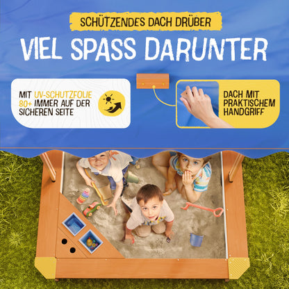 FRIEDO - Sandbox with roof (UV80+) & mud kitchen 120x120 cm - Sandbox includes weed and pest-proof ground fleece - Sandbox with wooden cover for children - suitable for outdoor and garden use.