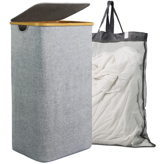 Gadgy laundry basket with lid 103 liters | slim laundry collector | removable laundry bag | bamboo laundry box | foldable large laundry basket collector | laundry trunk | laundry puff | Laundry Baskets