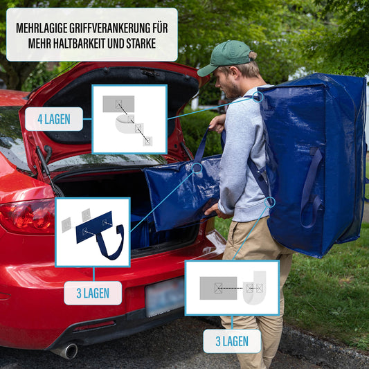 VENO 87-liter extra large moving bags with backpack straps, moving helpers, sturdy handles and zippers, clothes storage, laundry bags, reusable and sustainable (Blue, 10-pack)