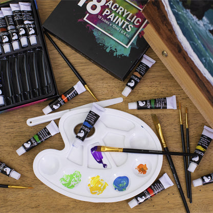 Acrylic paint set for artists 34-piece - with wooden carrying case for adults, easel, 24 tubes of acrylic paint, 6 paintbrushes, canvas, palette knife, and mixing palette.
