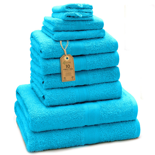 GREEN MARK 10-piece terry towel set with various sizes: 4 hand towels, 2 bath towels, 2 guest towels, 2 washcloths. Color: Turquoise. Premium quality.