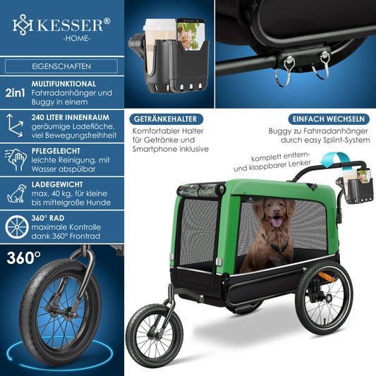 KESSER® Dog Trailer Boxer 3-in-1 Dog Stroller & Jogger Bicycle Trailer large approx. 240 liters volume, sprung, Material: 600D Oxford Canvas, SmartSpace Concept, maximum load capacity: 40 kg