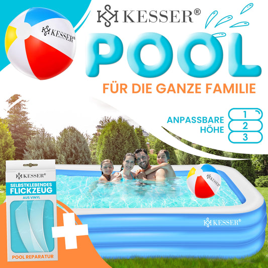 KESSER® Inflatable Pool Family Pool for children and adults Garden swimming pool Family swim pool Summer 305x183x56 cm Paddling pool 1180 liter volume Child-friendly Incl. Repair kit & Ball
