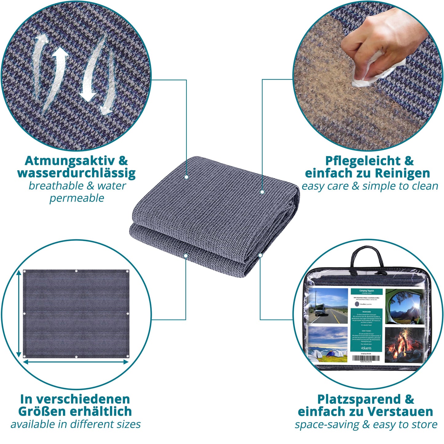 Valuents] Awning Carpet - blue/grey - 300x500cm - Camping Rug Outdoor - Tent Carpet Caravan/Camper including carrying bag + clothesline & 8X T-pegs