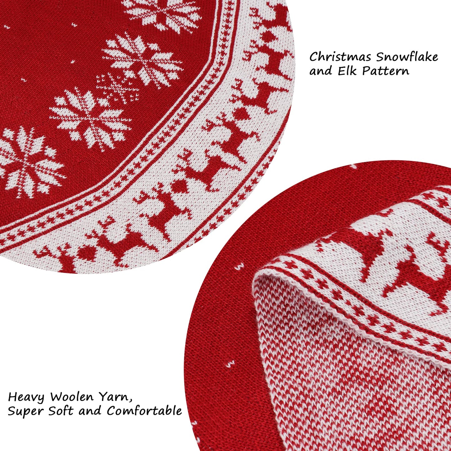 Dreamisland Large Christmas Tree Skirt, 122cm Red Knitted Christmas Tree Skirt Carpet Snowflakes Reindeer Tree Skirt Christmas Tree Skirt Round Tree Stand Mat Home Celebration Christmas Tree Decoration