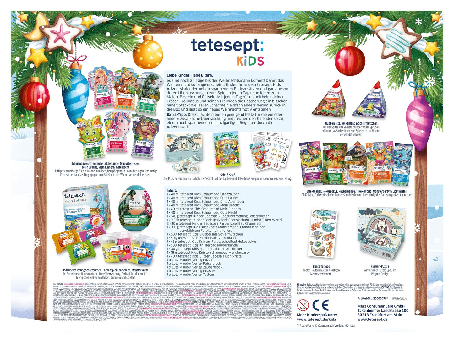 tetesept Kids Advent Calendar 2025 with fun bath additives & great surprises, e.g. magic pad, tattoos, etc. – Children's advent calendar for bathing, crafting, puzzling, solving puzzles, and painting.