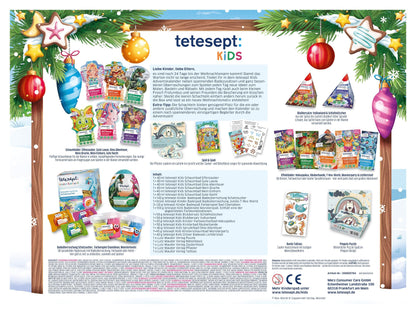 tetesept Kids Advent Calendar 2025 with fun bath additives & great surprises, e.g. magic pad, tattoos, etc. – Children's advent calendar for bathing, crafting, puzzling, solving puzzles, and painting.