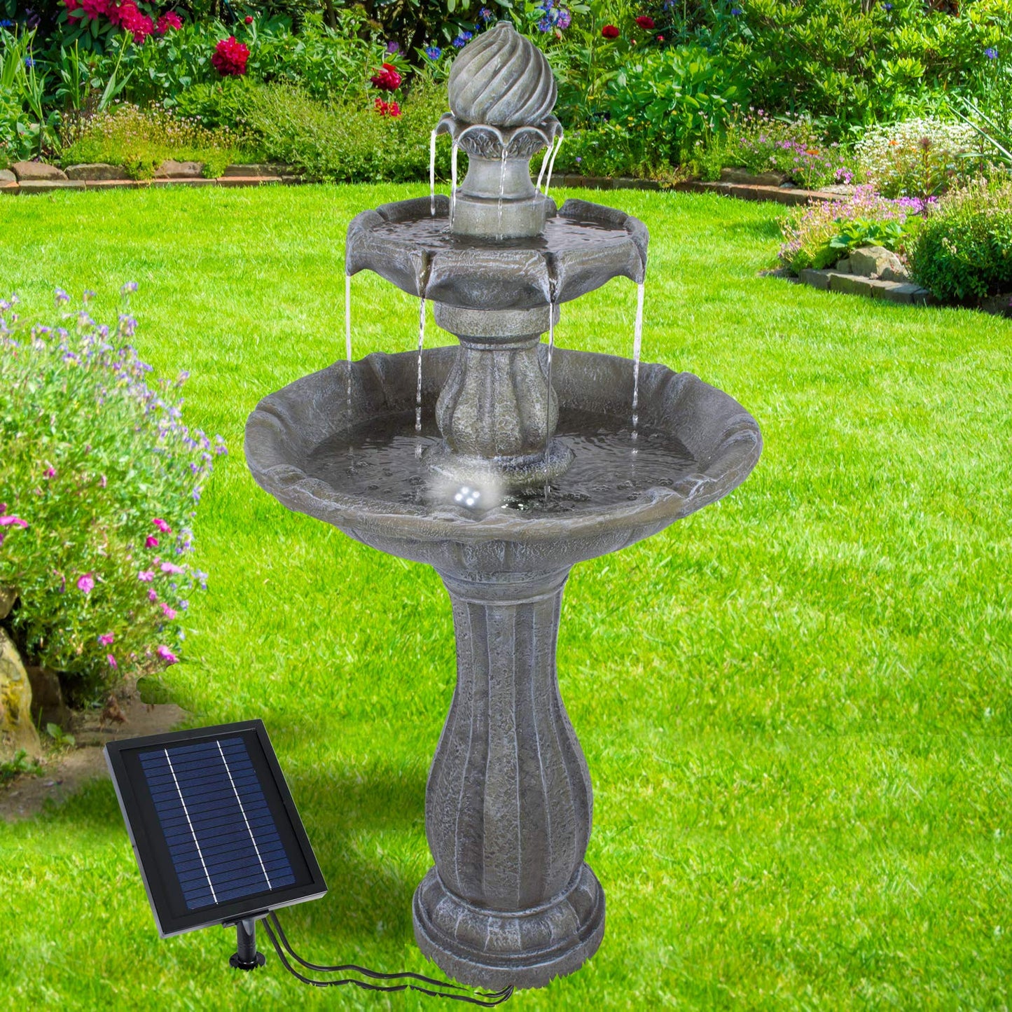 Garden fountain solar fountain classic garden bird bath waterfall, garden decoration with pump, water feature for garden terrace, balcony, very decorative, LED light garden light