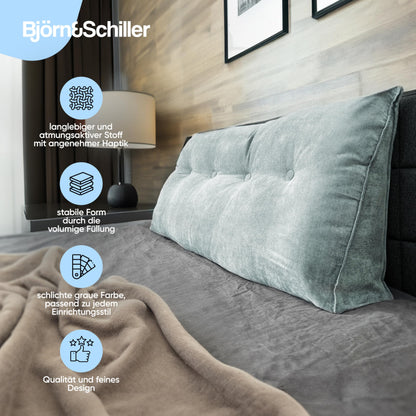 Bjorn & Schiller backrest cushion - reading pillow for bed and sofa, wedge cushion, backrest for the wall, seat cushion, wall cushion, large with washable cover (turquoise-gray, 70 cm)