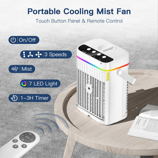 Mobile air conditioner, 4 in 1 portable air cooler with cooling mist, mobile air conditioning unit without exhaust hose, mini air cooler with 3 levels & 7 colors night light, portable air conditioner for home/office.