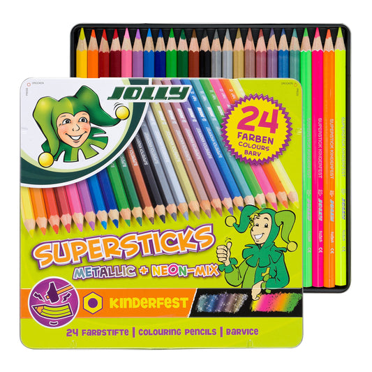 JOLLY Colored Pencil Superstick kid-proof METALLICMIX, 24-piece metal case, break-proof & non-toxic, metallic and neon colors, hexagonal shape