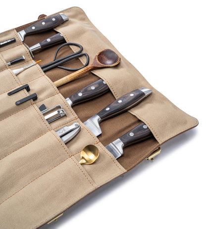 Angus Stoke Chef Knife Bag made of buffalo leather | 14-slot leather knife roll for chefs - Large Duplex Knife Bag (Brown)